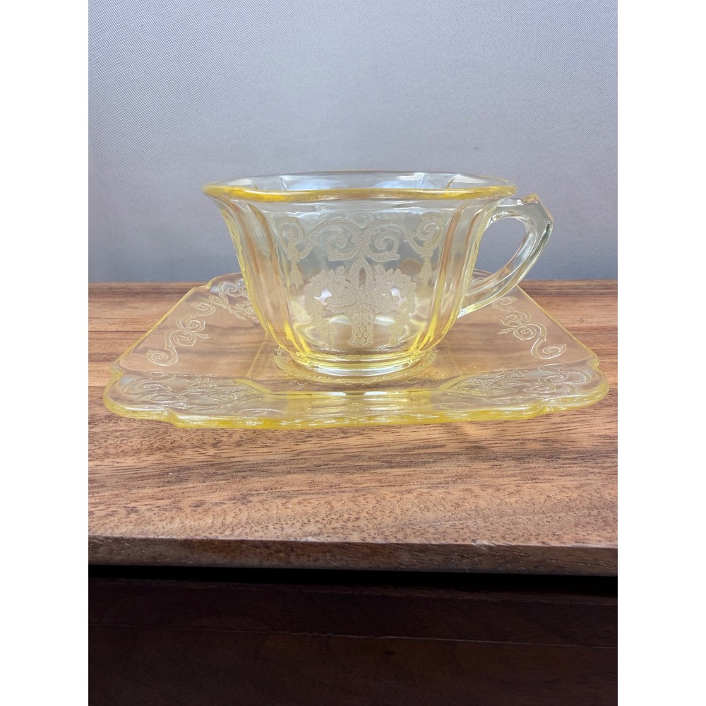 Indiana Glass‎ Lorain Cup and Saucer Set Yellow Depression Glass Basket Pattern
